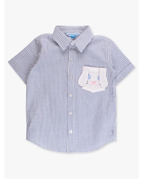 Blue Bunny Ears Seersucker Embroidered Pocket Short Sleeve Button Down Shirt