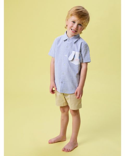 Blue Bunny Ears Seersucker Embroidered Pocket Short Sleeve Button Down Shirt