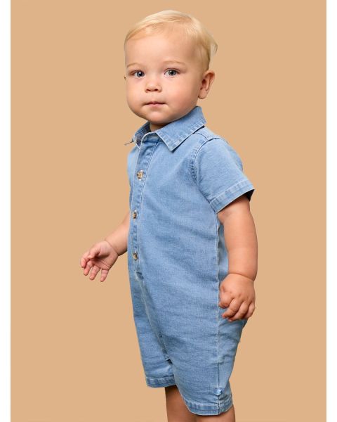 Light Wash Stretch Denim Short Sleeve Button-Up Romper