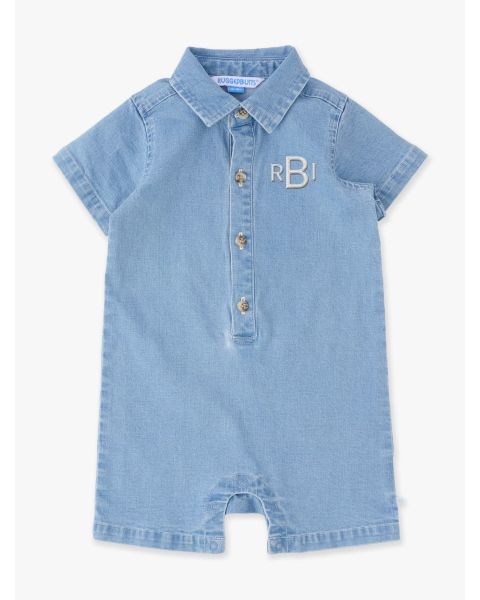 Light Wash Stretch Denim Short Sleeve Button-Up Romper
