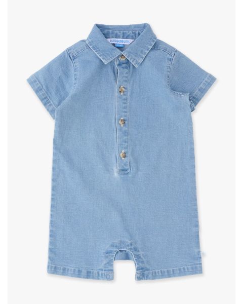 Light Wash Stretch Denim Short Sleeve Button-Up Romper