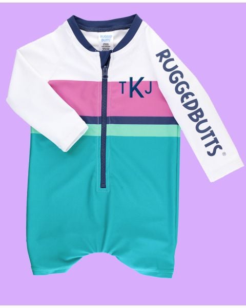 Aqua Color Block Boys' Logo Long Sleeve One Piece Rash Guard