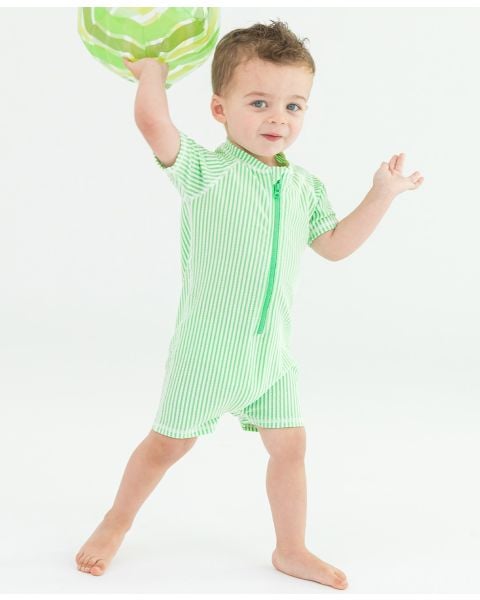 Spring Green Seersucker Short Sleeve One Piece Rash Guard