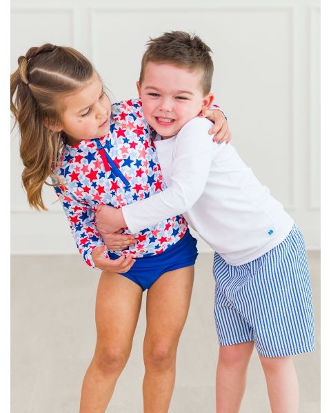 Blue Seersucker Swim Trunks