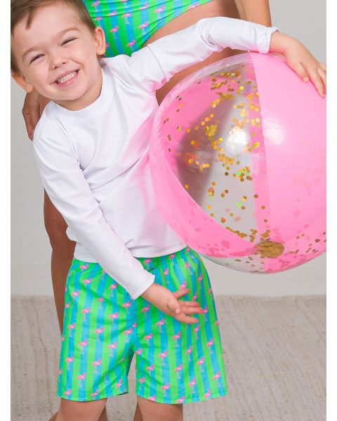 Neon Flamingo Stripe Swim Trunks