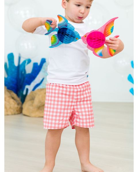 Coral Gingham Swim Trunks