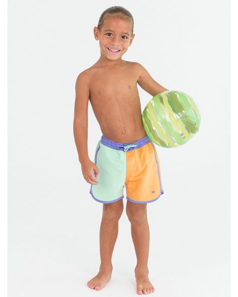 Periwinkle, Frost Green, and Ginger Color Block Dolphin Hem Swim Trunks
