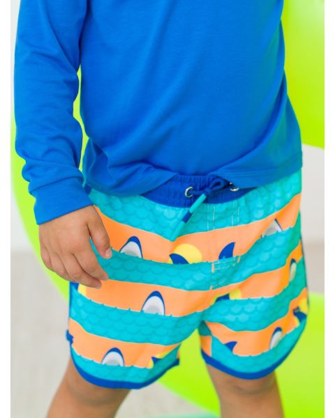 Neon Sharks & Stripes Dolphin Hem Swim Trunks
