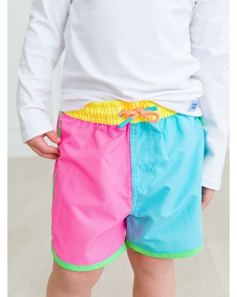 Neon Color Block Dolphin Hem Swim Trunks