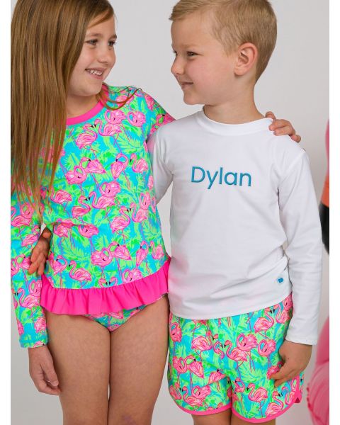Neon Flamingo Fun Dolphin Hem Swim Trunks