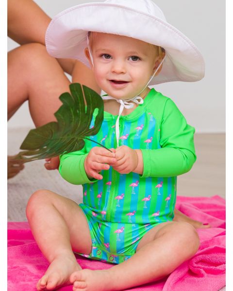 Neon Flamingo Stripe Long Sleeve One Piece Rash Guard