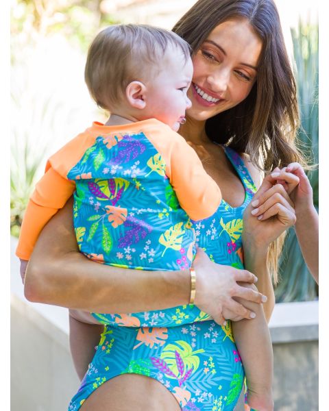 Neon Tiki Vibes Long Sleeve One Piece Rash Guard