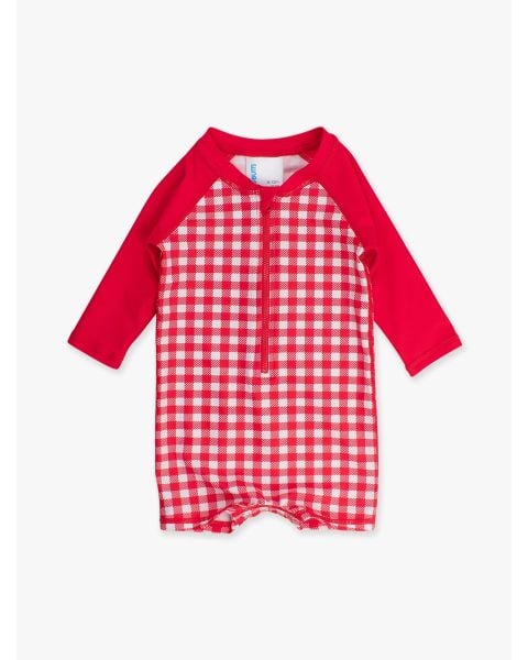 Vintage Red Gingham Long Sleeve One Piece Rash Guard Swimsuit