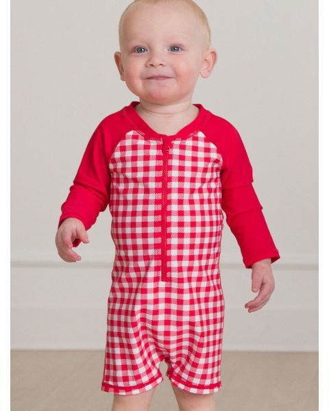 Vintage Red Gingham Long Sleeve One Piece Rash Guard Swimsuit
