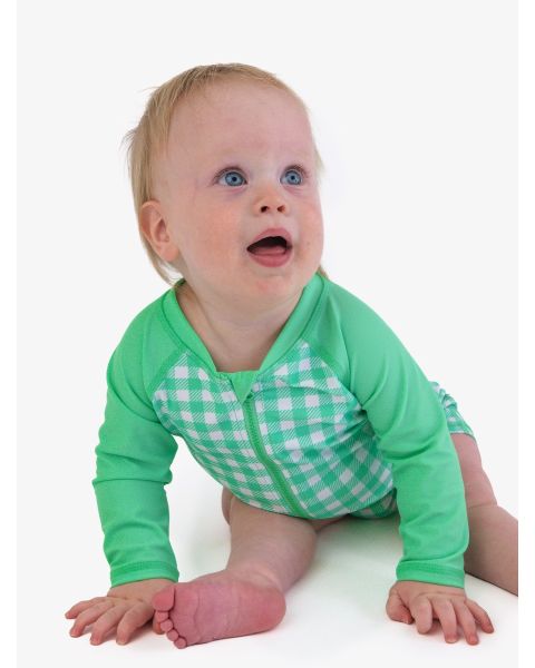 Spring Green Gingham Boys Long Sleeve One Piece Rash Guard