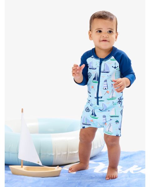 Blue Sweet Sails Long Sleeve One Piece Rash Guard Swimsuit