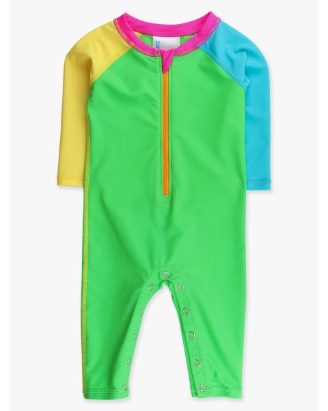Neon Color Block Full Length Long Sleeve Rash Guard One Piece Swimsuit