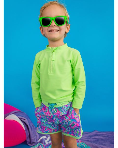 Neon Paisley Pop Performance Hybrid Dolphin Hem Swim Trunks