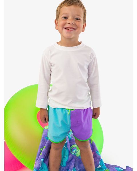 Neon Bright Aqua Color Block Performance Hybrid Dolphin Hem Swim Trunks