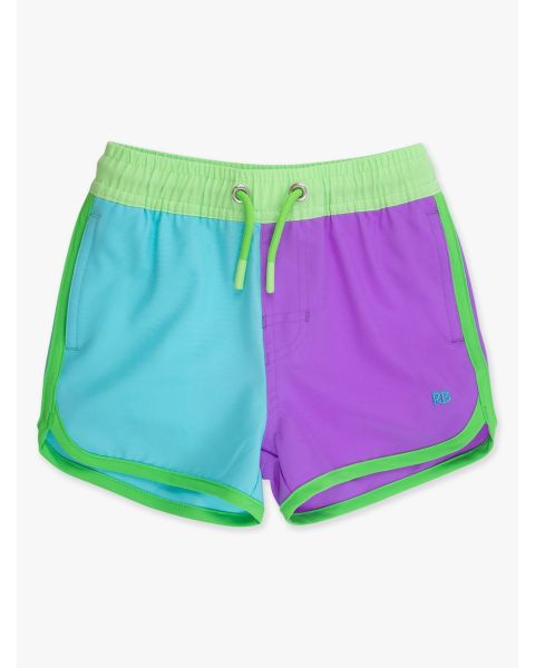 Neon Bright Aqua Color Block Performance Hybrid Dolphin Hem Swim Trunks