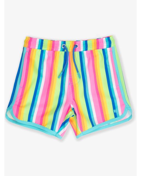 Neon Rainbow Stripe Performance Hybrid Dolphin Hem Swim Trunks