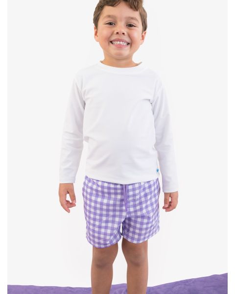 Wisteria Purple Gingham Performance Hybrid Swim Trunks