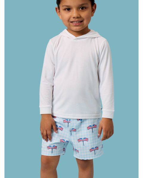 Blue Patriotic Gingham Performance Hybrid Swim Trunks