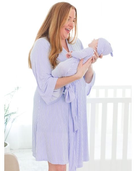 Periwinkle & White Micro Stripe Women's Maternity Robe