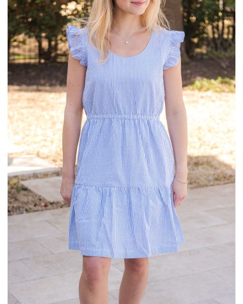 Classic Blue Seersucker Women's Tiered Short Dress