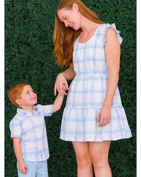 Light Blue Windowpane Women's Tiered Short Dress