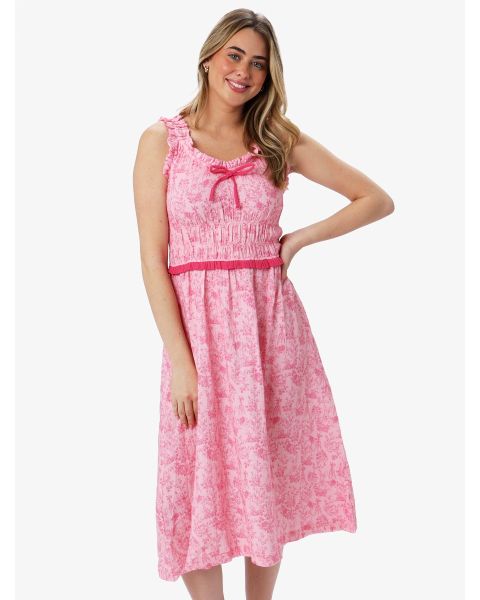 Pink Cottontail Toile Women's Cotton Gauze Smocked Ruffle Bow Midi Dress
