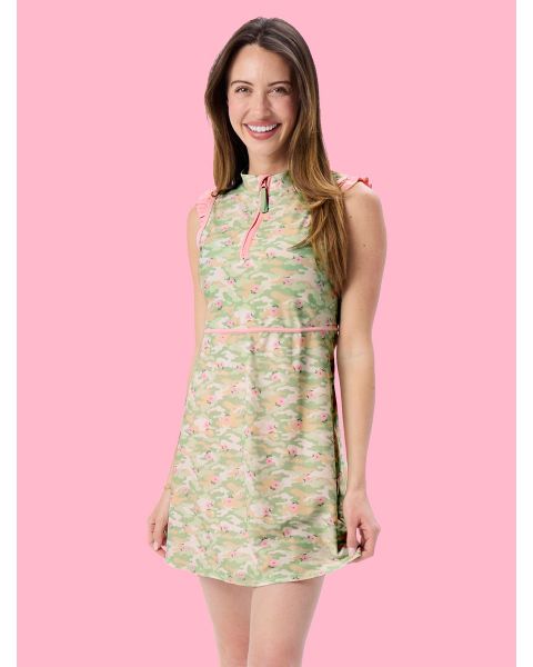 Sage Blossom Camo Women's Active Sleeveless Zip Ruffle Sleeve Dress & Bike Short Set