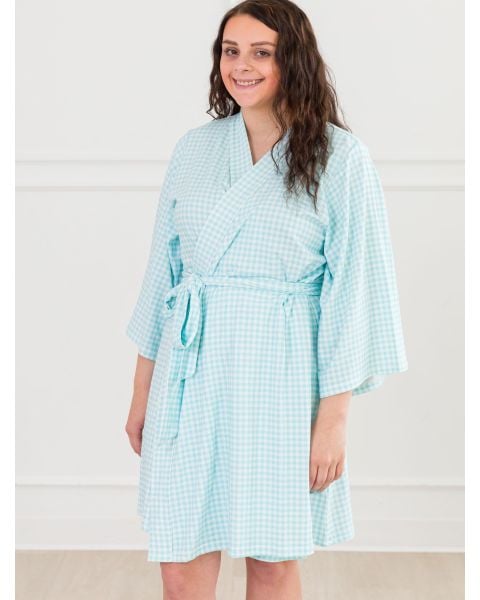 Blue Breeze Gingham Women's Maternity Robe, Modal Blend