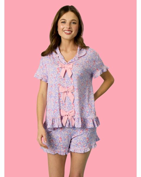 Lavender Enchanted Flowers Women's Short Sleeve Bow Ruffle Pajama Set, Bamboo Viscose
