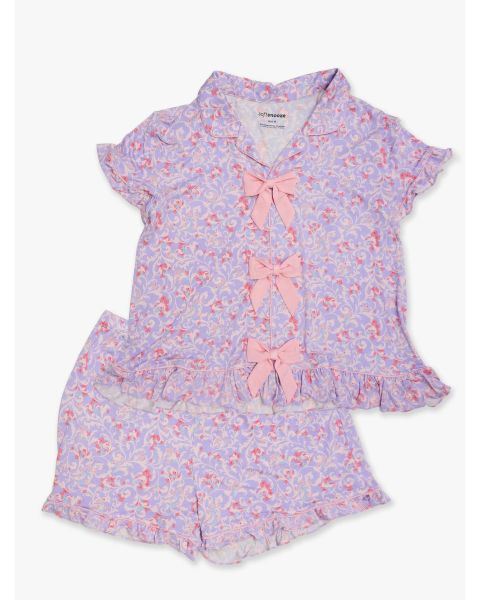 Lavender Enchanted Flowers Women's Short Sleeve Bow Ruffle Pajama Set, Bamboo Viscose