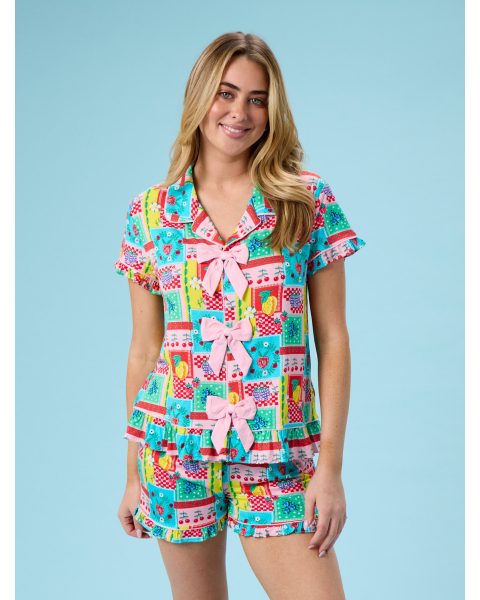 Picnic Party Women's Short Sleeve Bow Ruffle Pajama Set, Bamboo Viscose