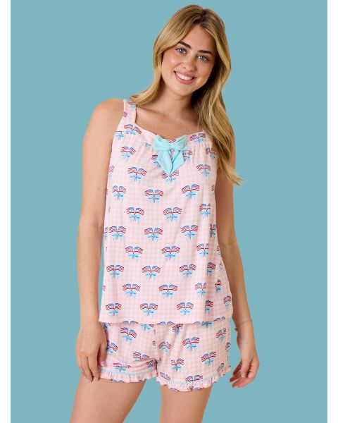 Pink Patriotic Gingham Women's Bow Tank & Short Pajama Set