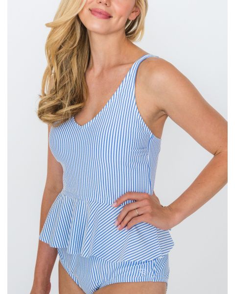 Periwinkle Blue Seersucker Women's Peplum Tankini Top