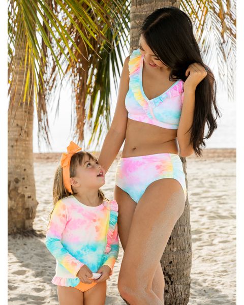 Rainbow Tie Dye Women's Ruffle V-Neck Bikini Top - Women's L