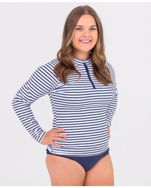 White and Navy Stripe Women's Long Sleeve Zipper Rash Guard
