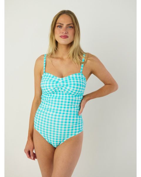 Bright Aqua Gingham Women's Convertible Bandeau One Piece Swimsuit