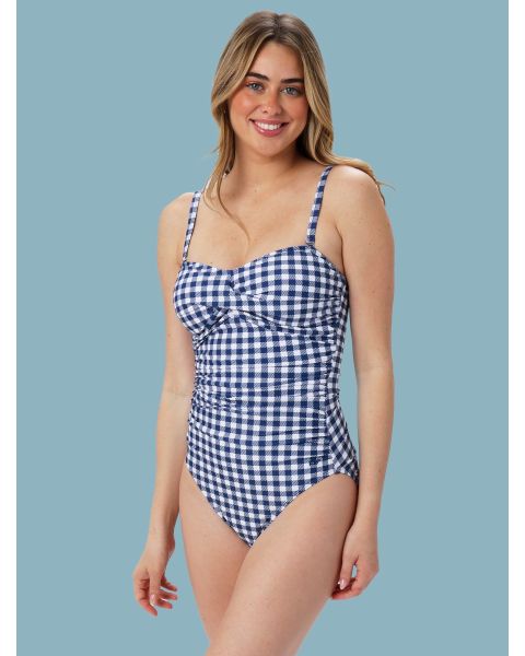 Navy & White Gingham Women's Convertible Bandeau One Piece Swimsuit