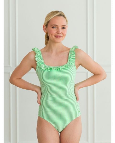 Spring Green Seersucker Women's Seersucker Ruffle One Piece Swimsuit