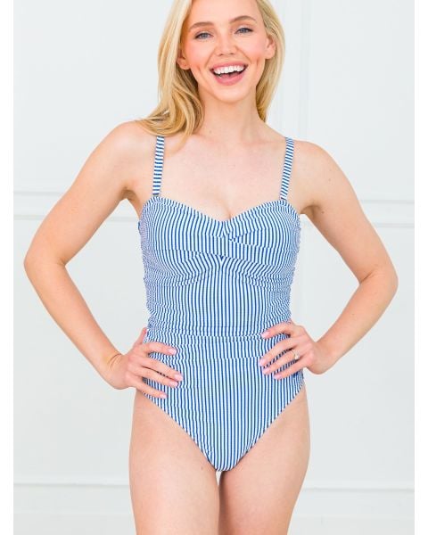 Blue Seersucker Women's Convertible Bandeau One Piece Swimsuit