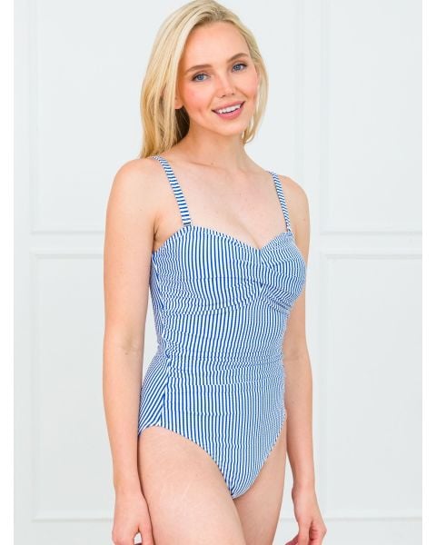 Blue Seersucker Women's Convertible Bandeau One Piece Swimsuit