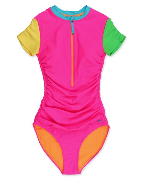 Neon Color Block Women's Quarter Zip Short Sleeve One Piece Rash Guard Swimsuit