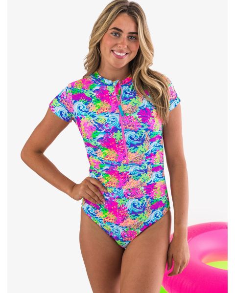 Neon Ocean Coral Women's Quarter Zip Short Sleeve One Piece Rash Guard Swimsuit