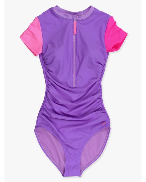 Neon Purple Color Block Women's Quarter Zip Short Sleeve One Piece Rash Guard Swimsuit