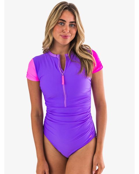 Neon Purple Color Block Women's Quarter Zip Short Sleeve One Piece Rash Guard Swimsuit