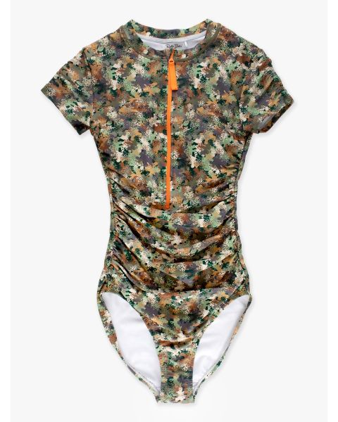 Classic Camo Women's Quarter Zip Short Sleeve One Piece Rash Guard Swimsuit